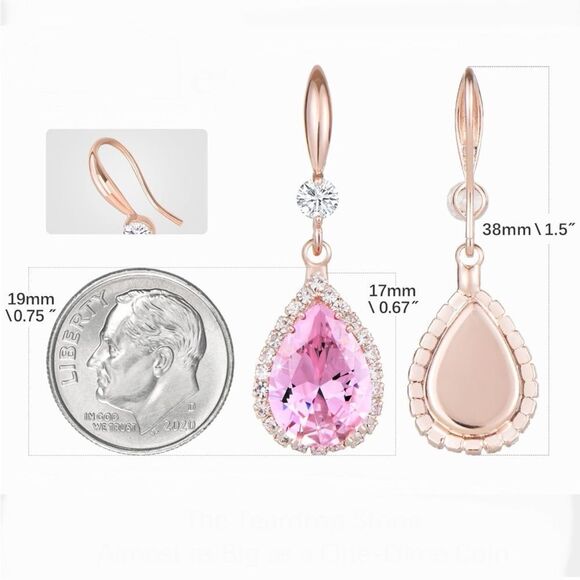 14K Rose Gold with Pink Sapphire Cubic Zirconia Teardrop Hook Dangling Earrings - Picture 5 of 5